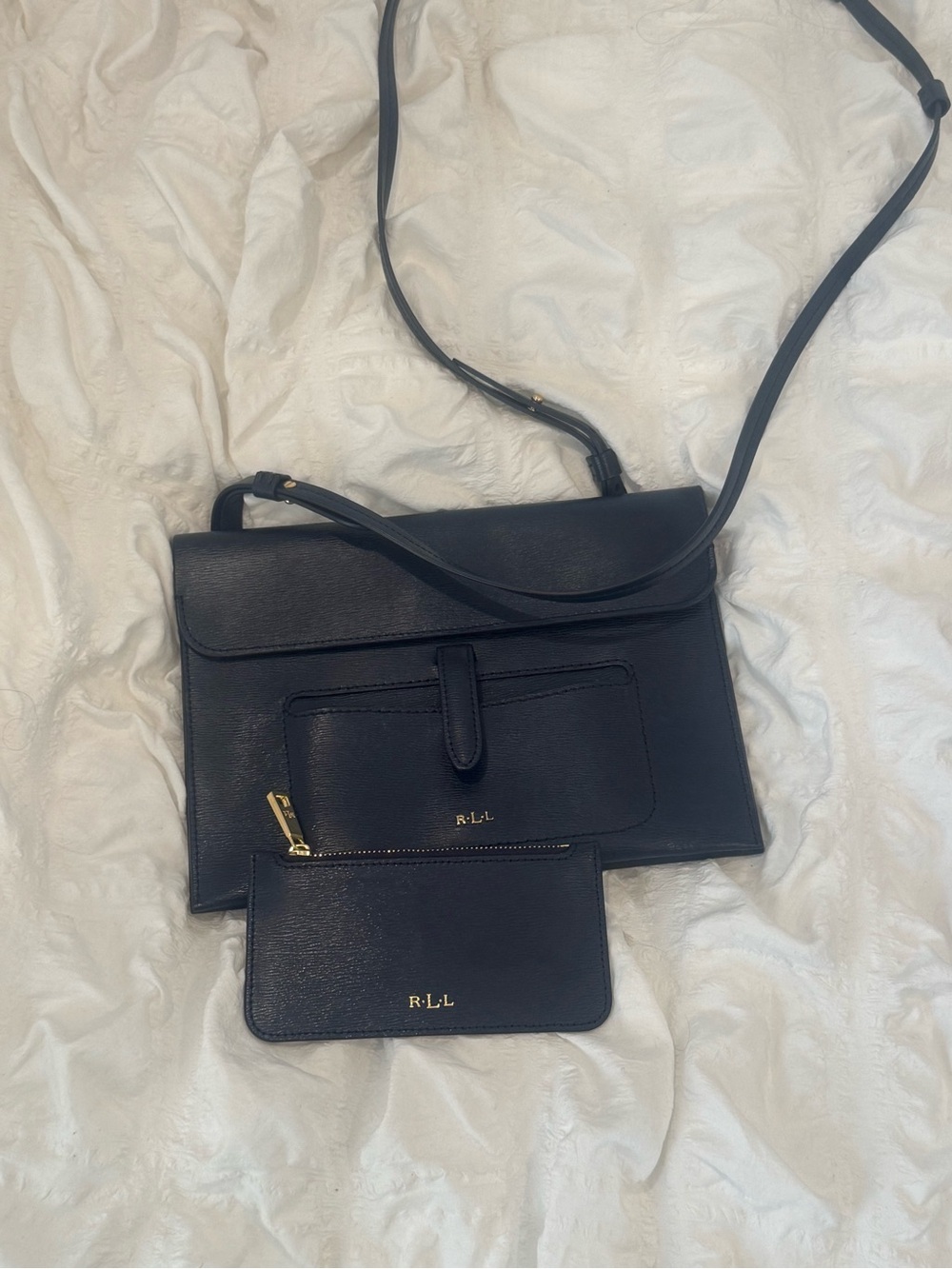 Ralph Lauren Navy Leather Crossbody with Gold Hardware